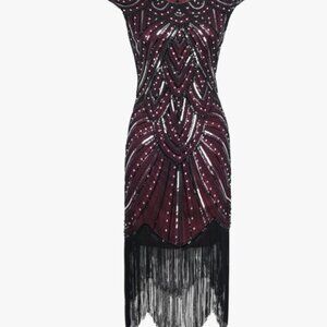New Years 1920s Flapper Art Deco 20s Black and Red Beaded and Sequined Dress